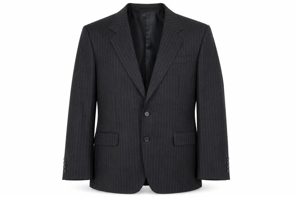 Front view of Varteks men’s grey striped polyester jacket suit jacket, size 42, regular