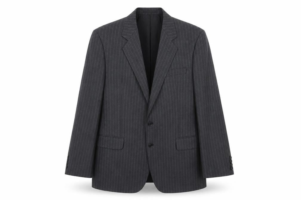 Front view of Marks & Spencer men’s grey striped wool jacket suit jacket, size 42, regular