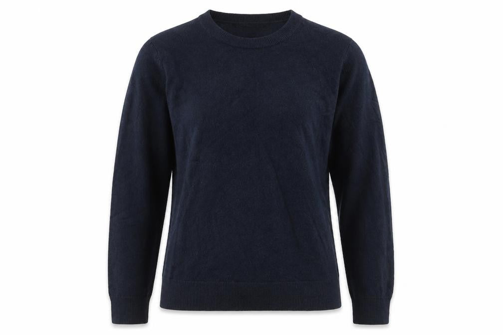 Front view of Marks & Spencer women’s blue round neck acrylic jumper, size UK 14