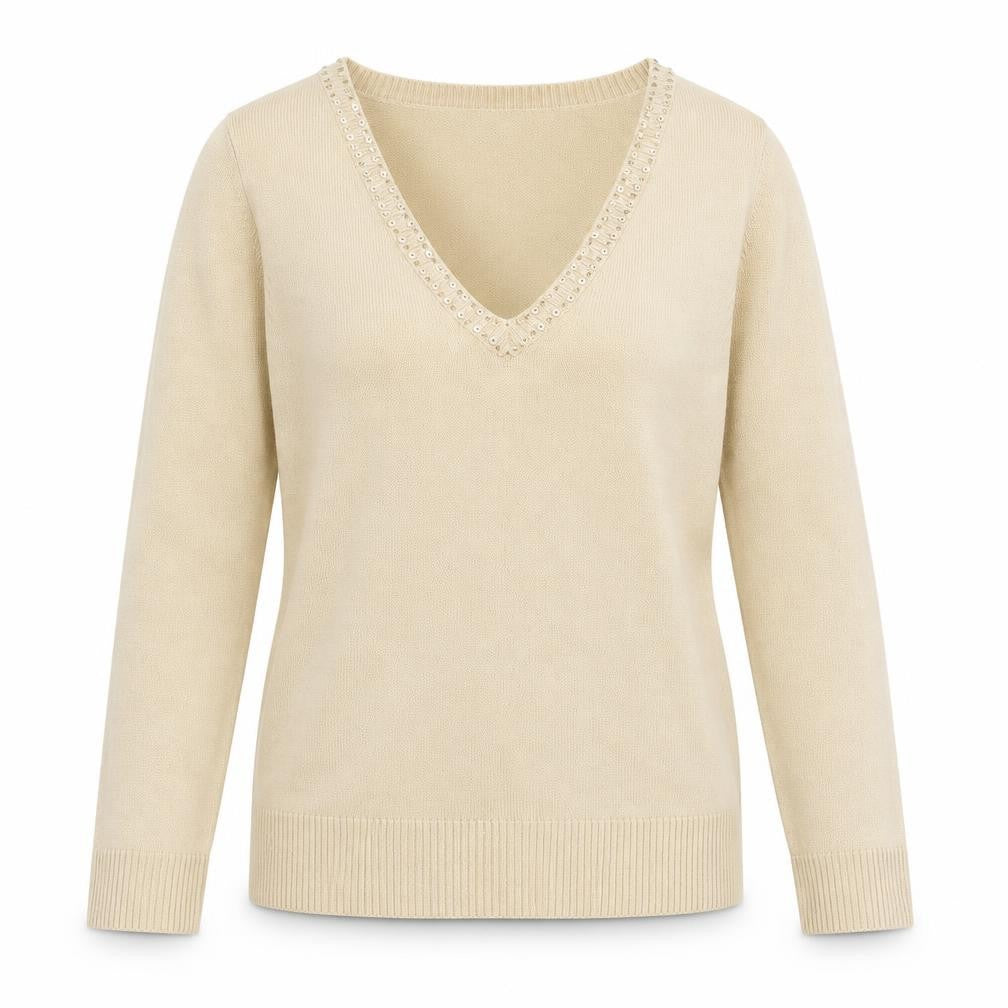 Front view of EA women’s beige v-neck acrylic jumper, size S
