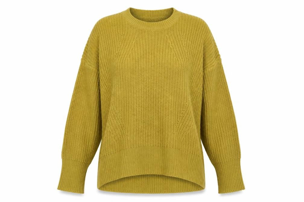 Front view of Atmosphere women’s yellow round neck acrylic jumper, size UK 8