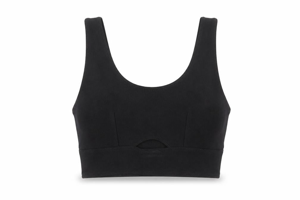 Front view of Stradivarius women’s black polyester cropped tank, size S, scoop neck