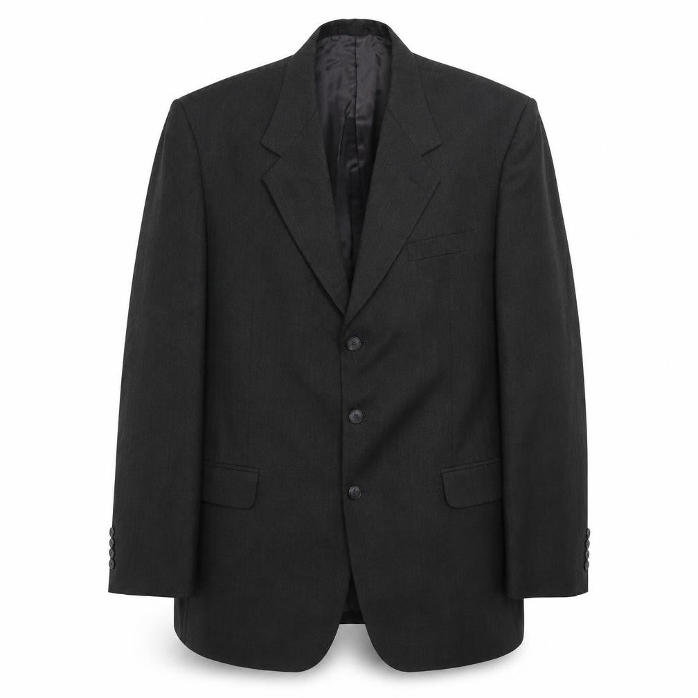 Front view of James Barry men’s grey striped polyester jacket suit jacket, size 44, regular