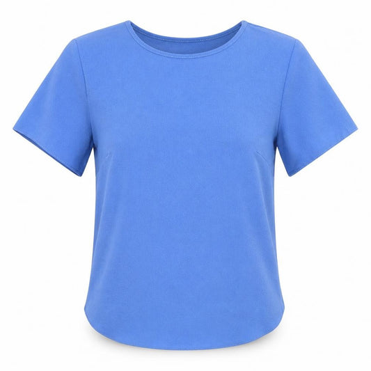 Front view of Atmosphere women’s blue polyester basic t-shirt, size UK 8, round neck - open back