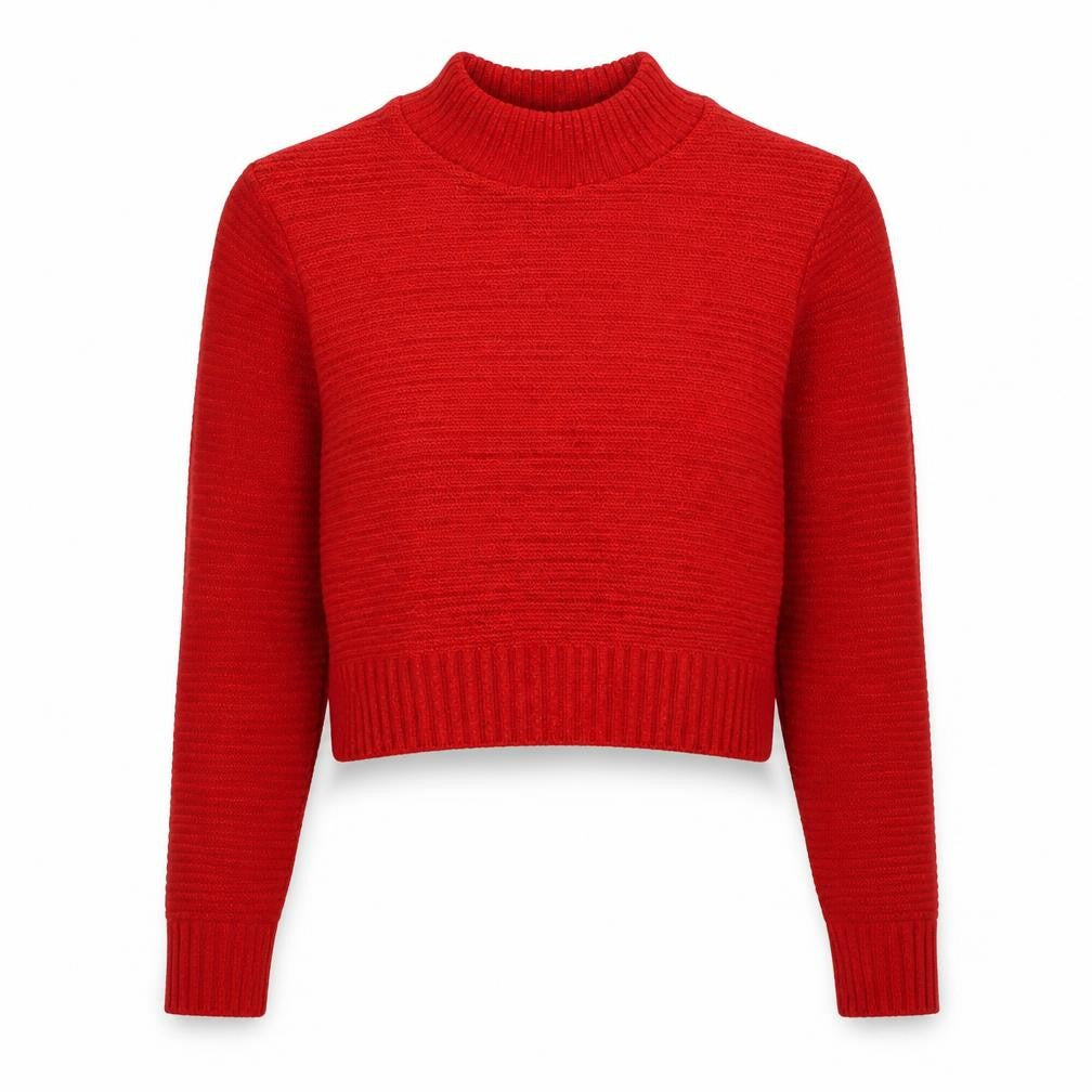Front view of PRETTYLITTLETHING women’s red mock neck acrylic jumper, size S