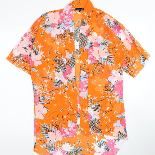 Boohoo Womens Orange Floral Polyester Kimono T-Shirt Size S V-Neck