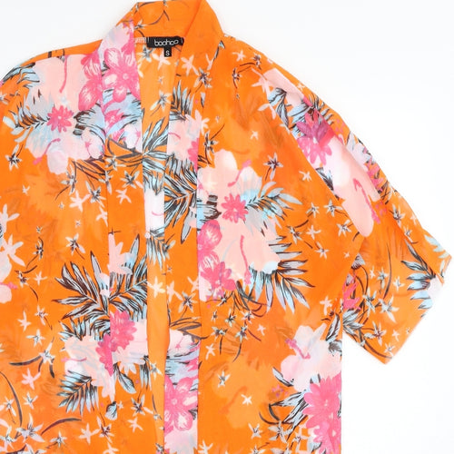 Boohoo Womens Orange Floral Polyester Kimono T-Shirt Size S V-Neck