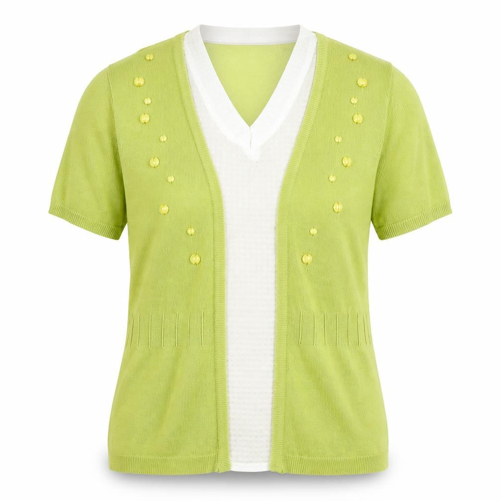 Front view of Per Una women’s green v-neck acrylic jumper, size UK 10, pullover