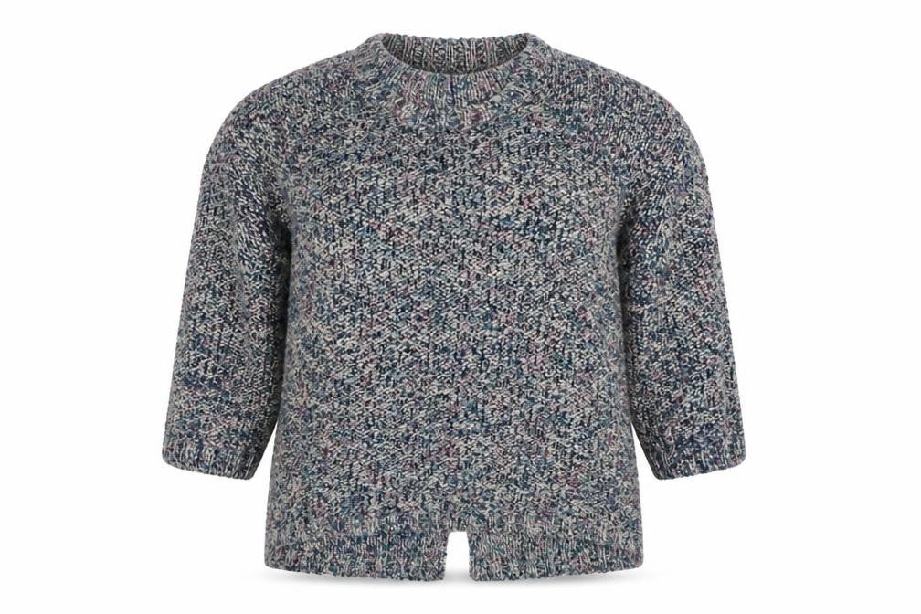 Front view of Marks & Spencer women’s multicoloured round neck acrylic jumper, size UK 12