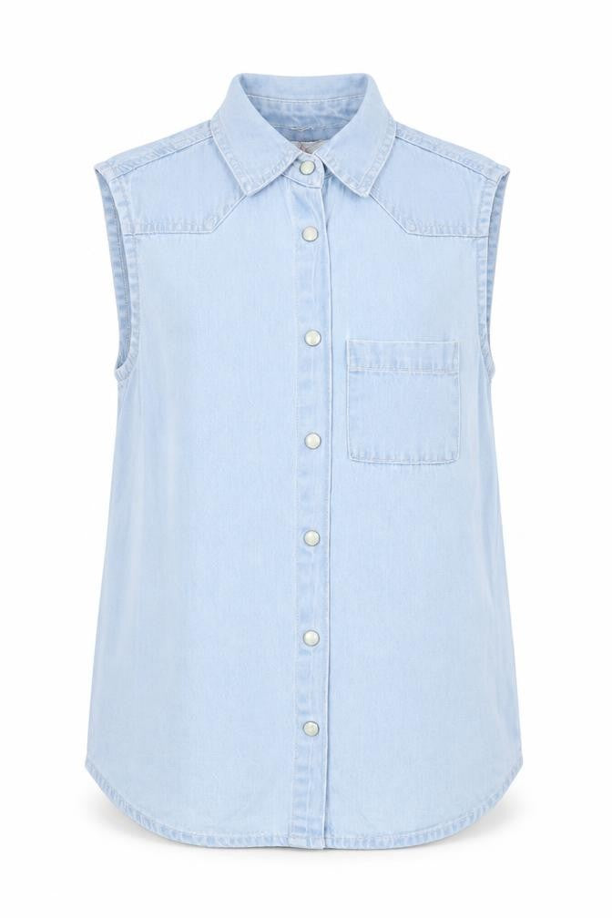 Front view of Sophie girls’ blue cotton basic button-up, size 12-13, years collared snap