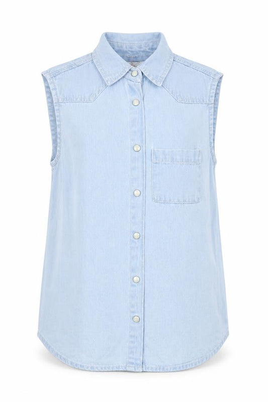 Front view of Sophie girls’ blue cotton basic button-up, size 12-13, years collared snap