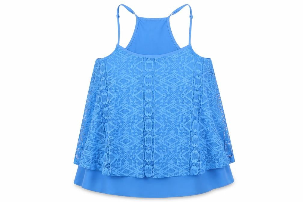 Front view of Candy Couture girls’ blue geometric polyester basic tank, size 15, years round neck pullover
