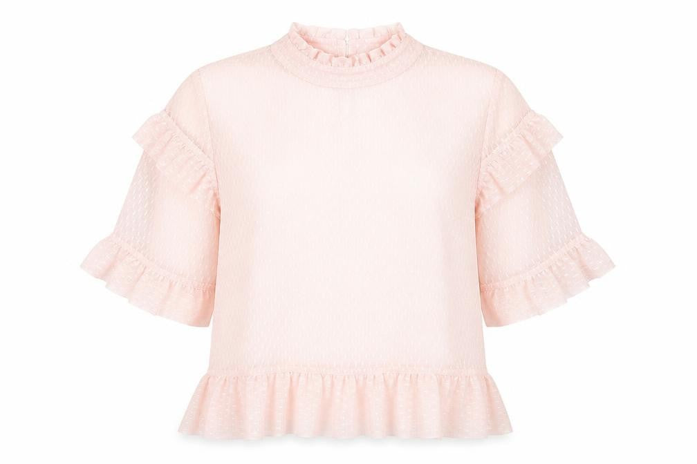 Front view of Miss Selfridge women’s pink polyester basic blouse, size UK 8, mock neck