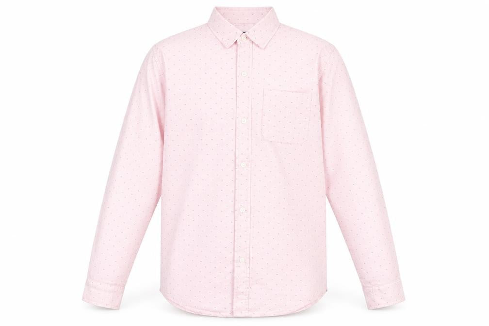 Front view of Place men’s pink geometric cotton button-up, size 14, collared button