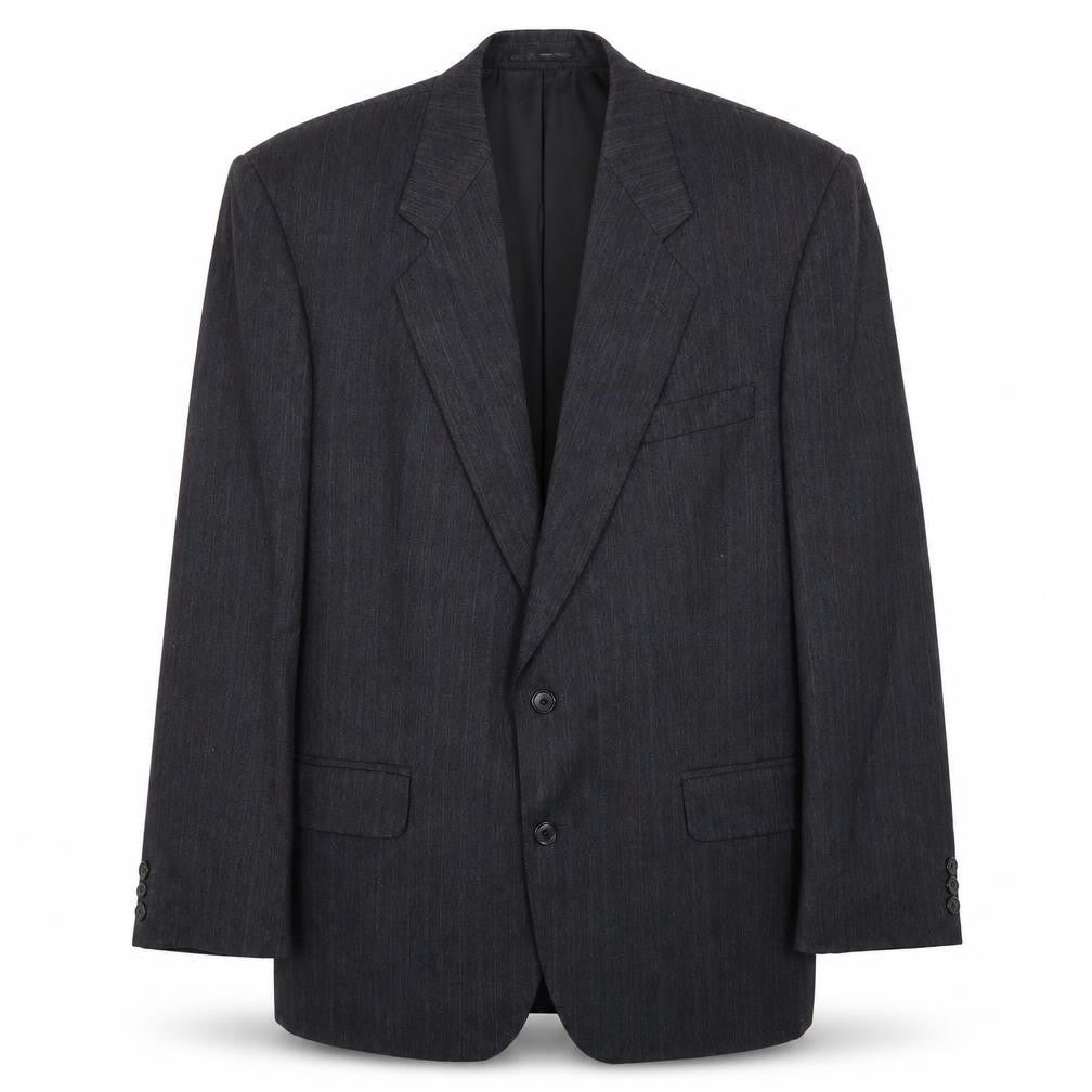 Front view of Pin Stripe men’s black striped polyester jacket suit jacket, size 42, regular