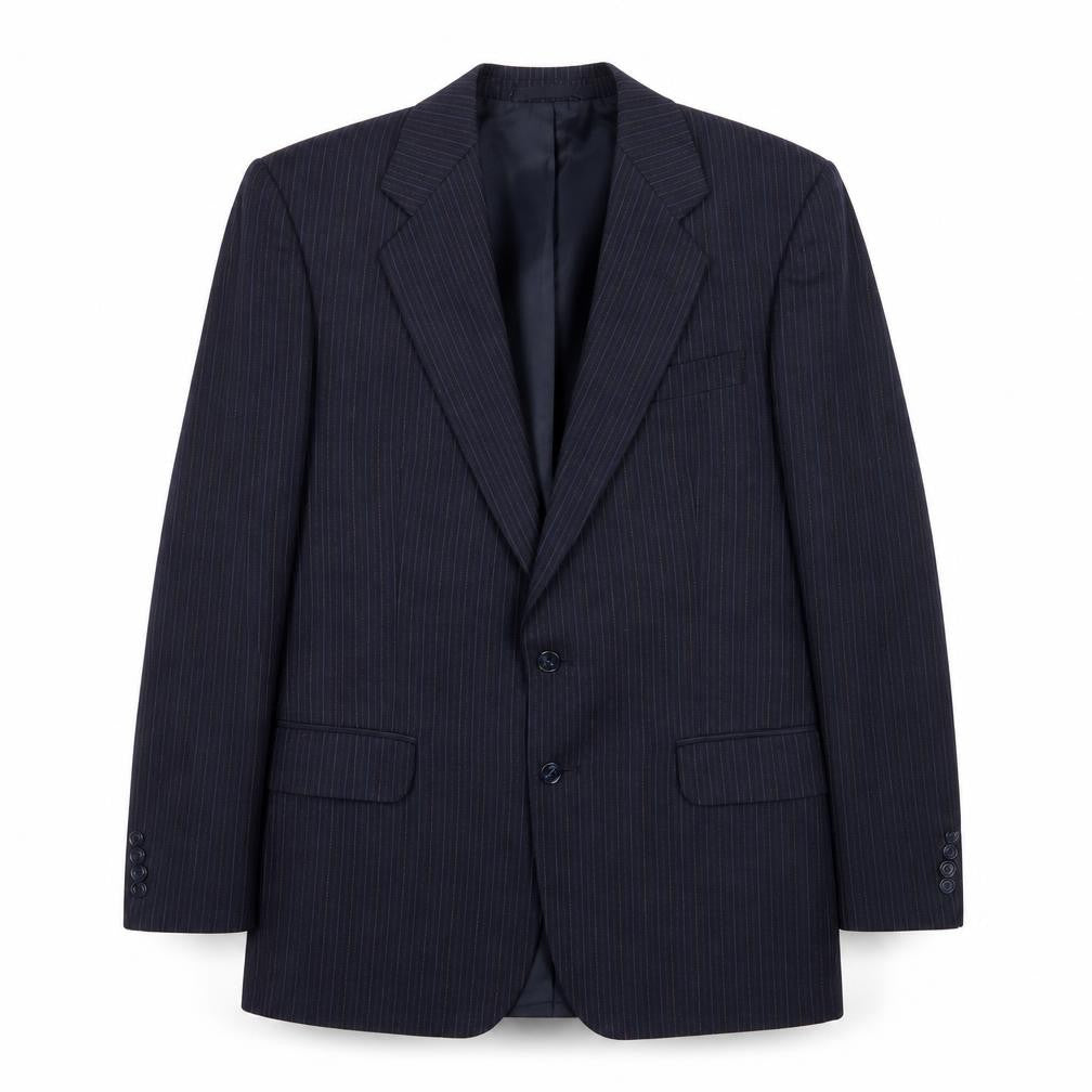 Front view of St Michael men’s blue striped polyester jacket suit jacket, size 38, regular