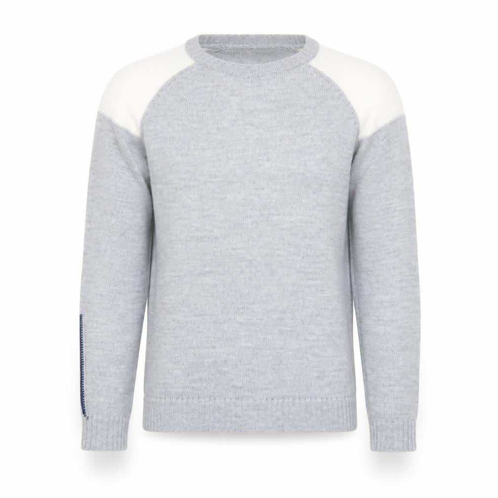Front view of River Island men’s grey round neck acrylic jumper, size S, long sleeve