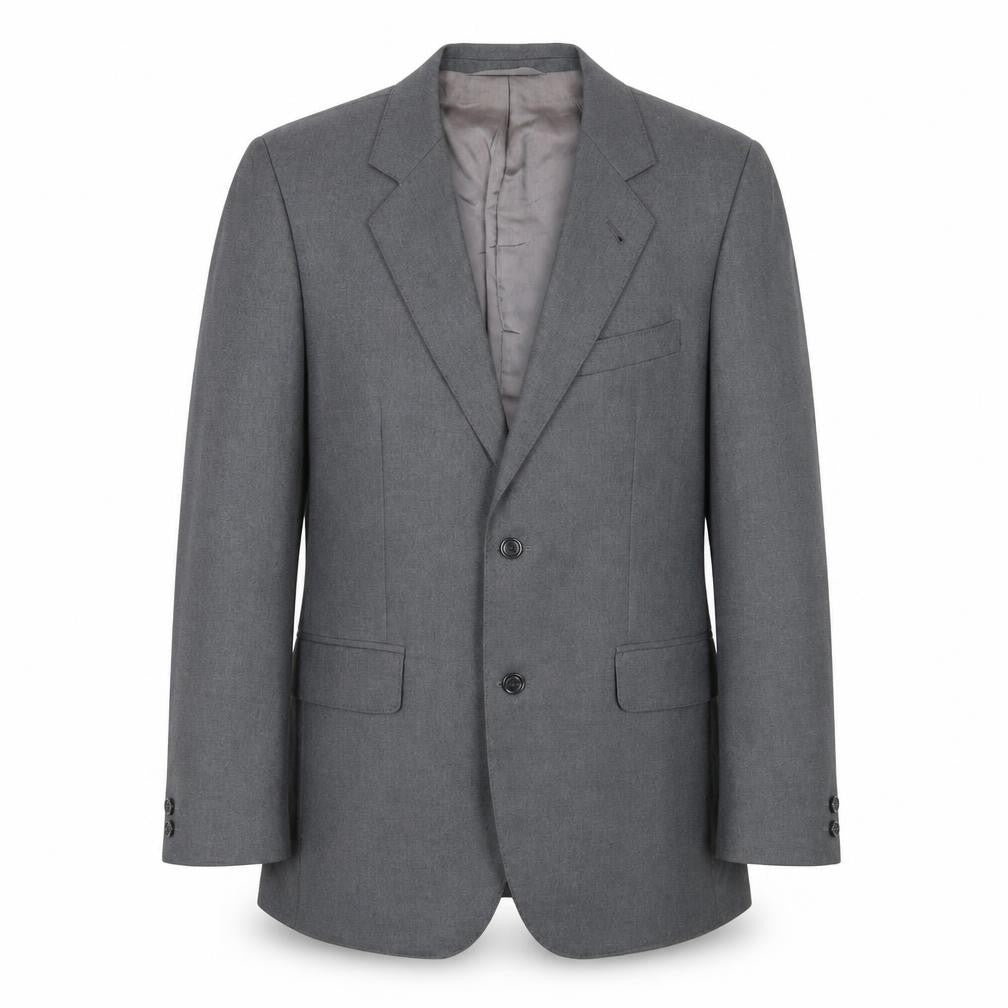 Front view of Preworn men’s grey polyester jacket suit jacket, size 38, regular