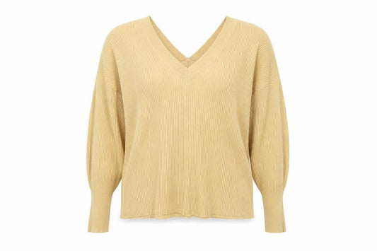 Front view of ASOS women’s beige v-neck acrylic jumper, size UK 10