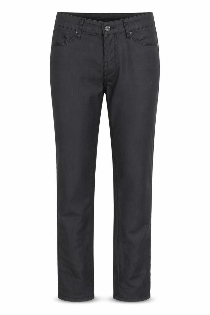 Front view of H&M women’s black cotton trousers, size UK 28, in regular zip - coated