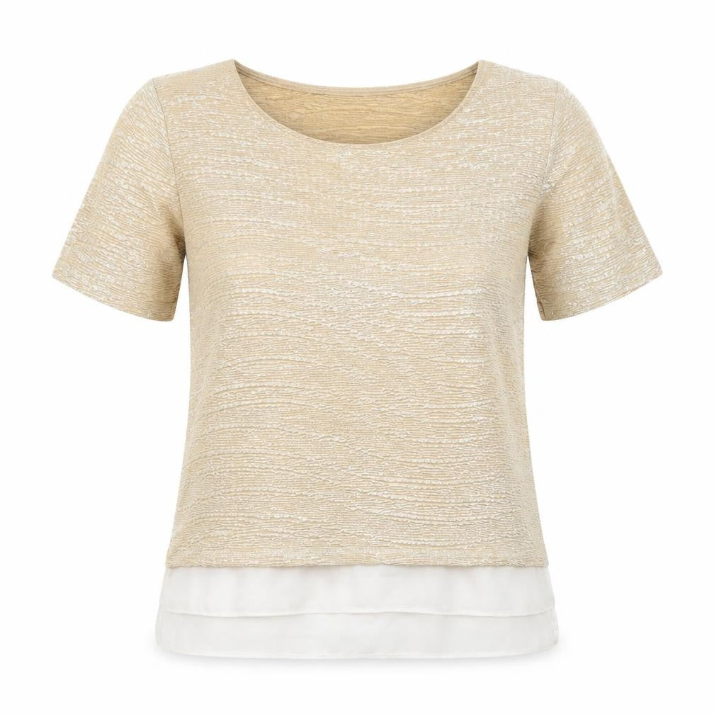 Front view of Tu women’s gold geometric polyester basic blouse, size UK 8, round neck