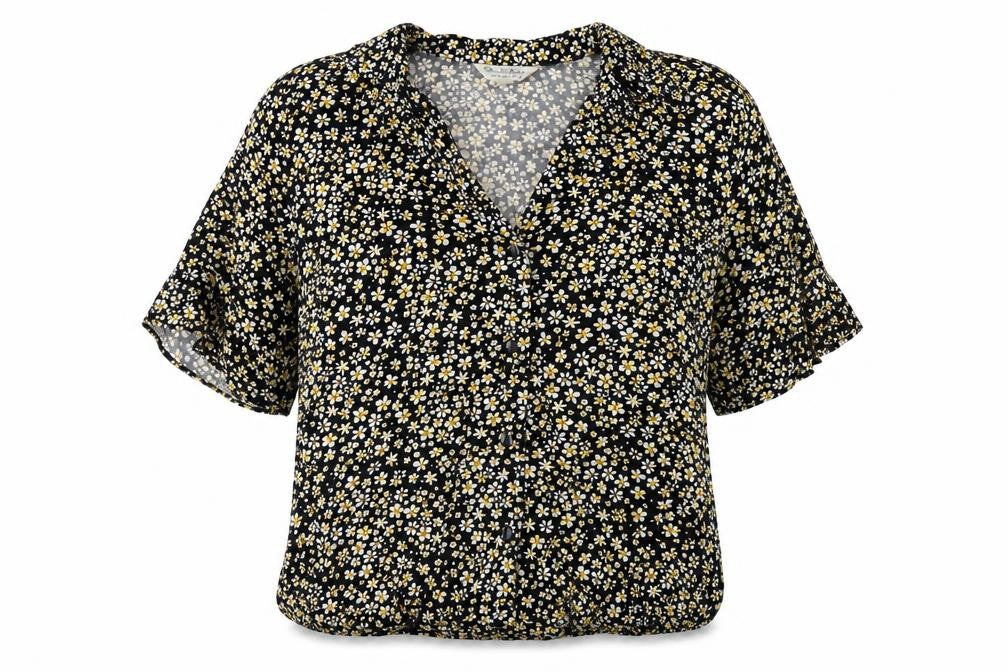 Front view of Miss Selfridge women’s black floral viscose basic button-up, size UK 6, collared
