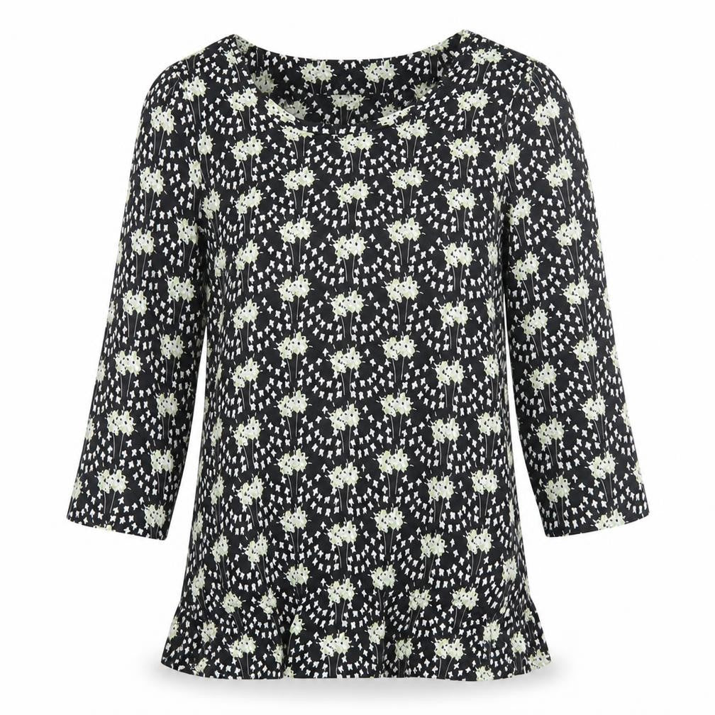 Front view of Next women’s black geometric polyester basic blouse, size UK 10, round neck