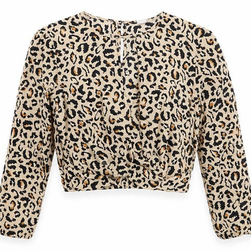 Divided Womens Brown Animal Print Polyester Cropped Blouse Size 6 Round Neck - Leopard Print