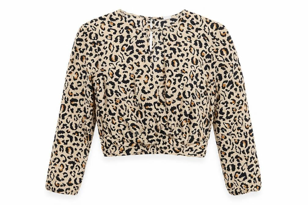 Divided Womens Brown Animal Print Polyester Cropped Blouse Size 6 Round Neck - Leopard Print