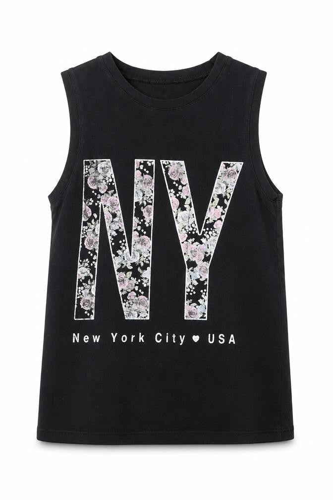 Front view of Candy Couture girls’ black cotton basic tank, size 9, years round neck pullover - new york city