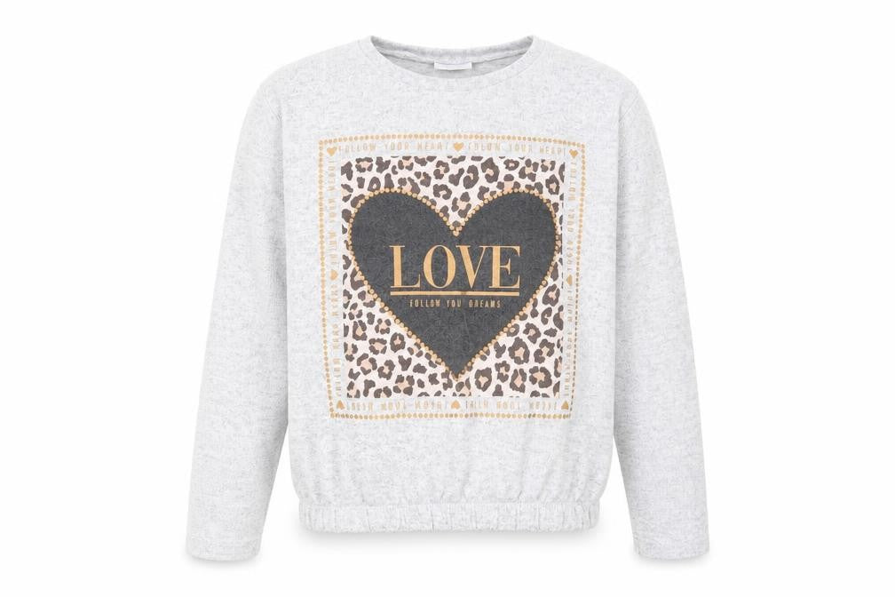 Front view of I love girls’ wear girls grey polyester pullover sweatshirt, size 11, years pullover - love
