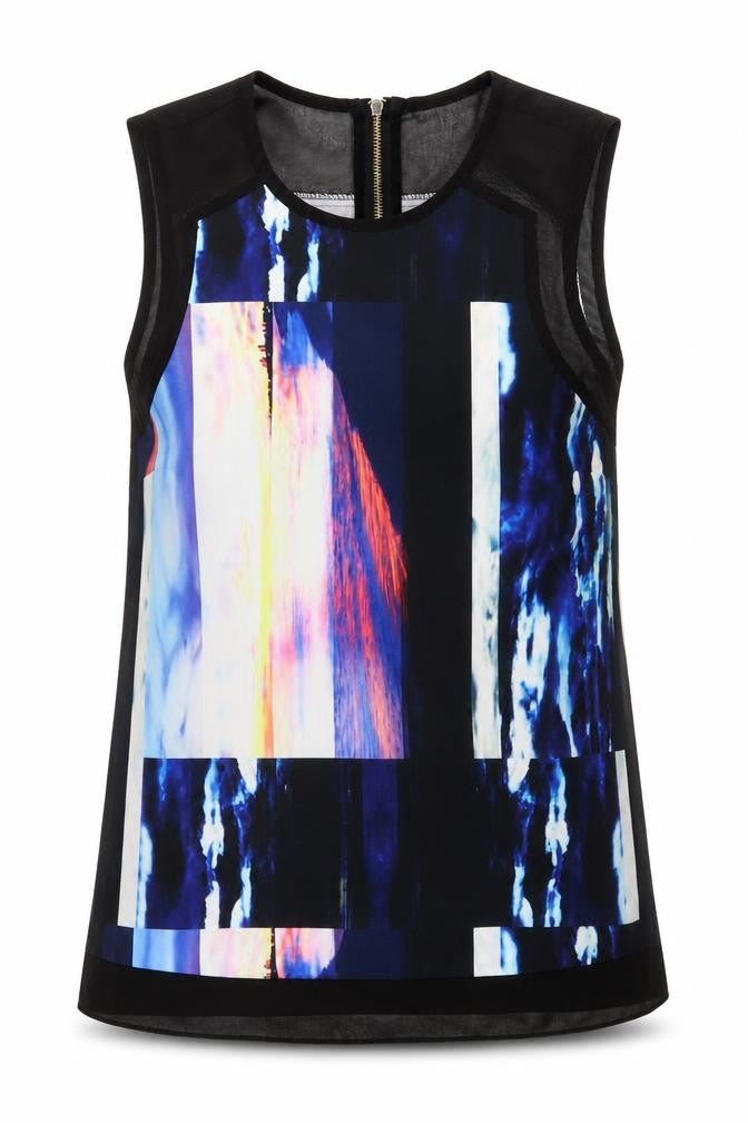 Front view of Warehouse women’s black geometric polyester basic tank, size S, round neck