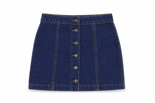 Front view of New Look women’s blue cotton a-line skirt, size UK 6, button