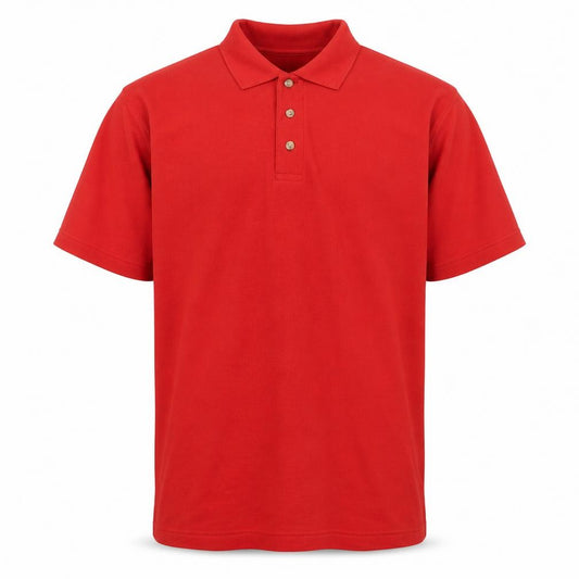Front view of James Jordan men’s red cotton polo, size M, collared button