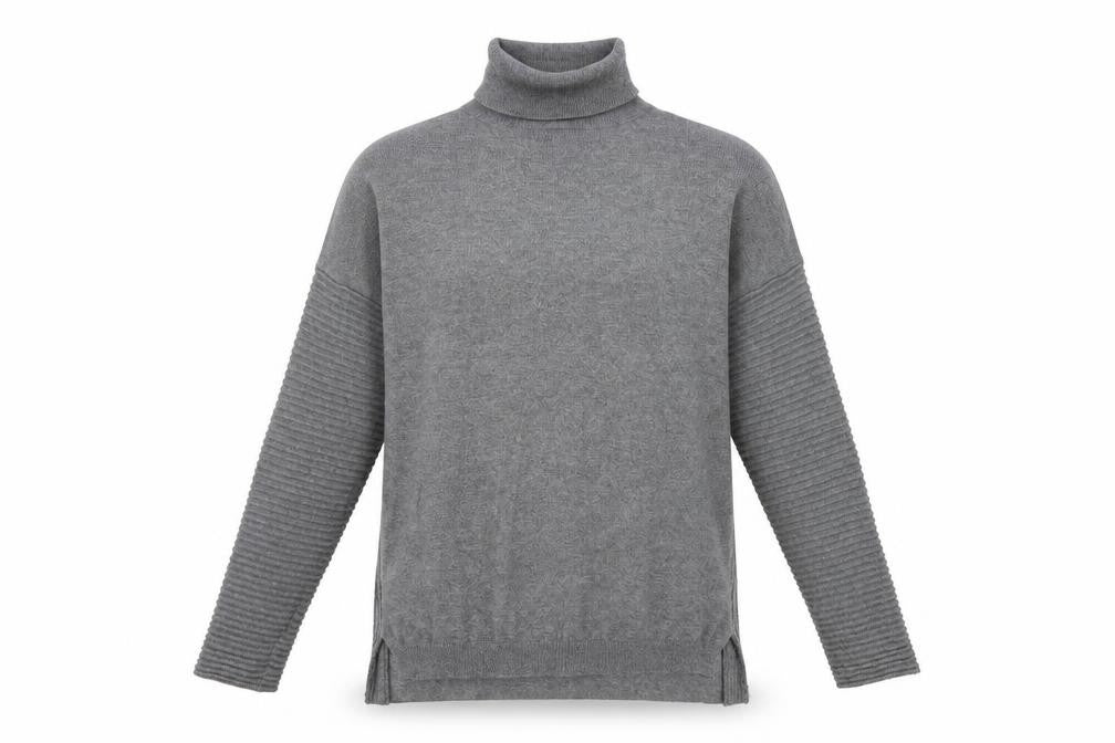 Front view of Primark women’s grey roll neck cotton jumper, size UK 12