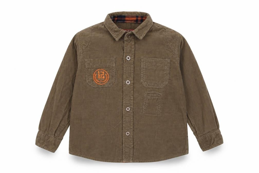 Front view of Minnie Minors boys’ brown 100% cotton basic button-up, size 3-4, years collared button