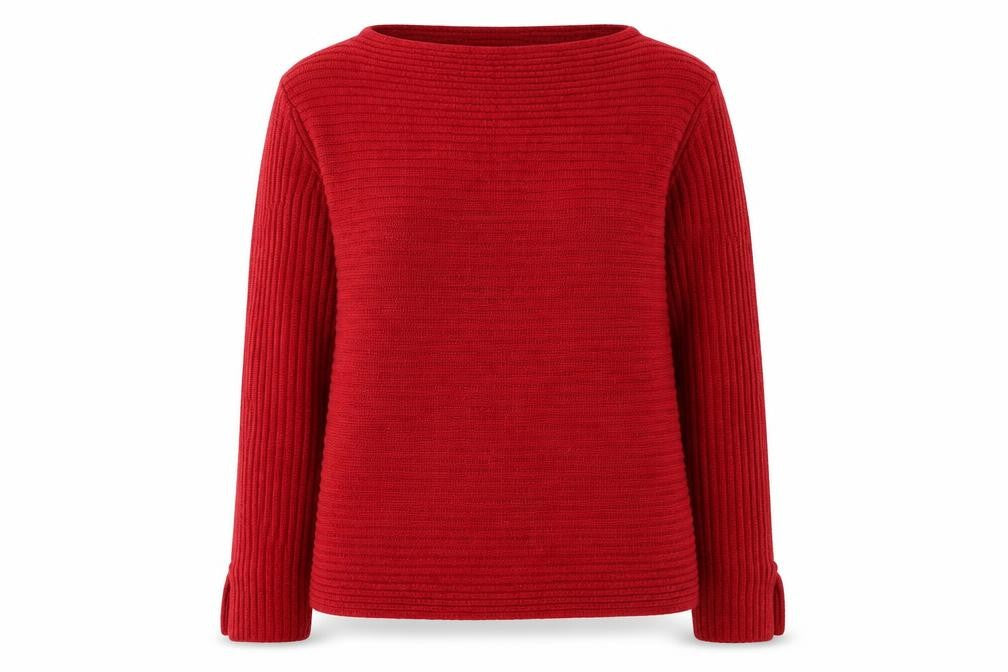 Front view of monari women’s red boat neck herringbone polyester jumper, size UK 16