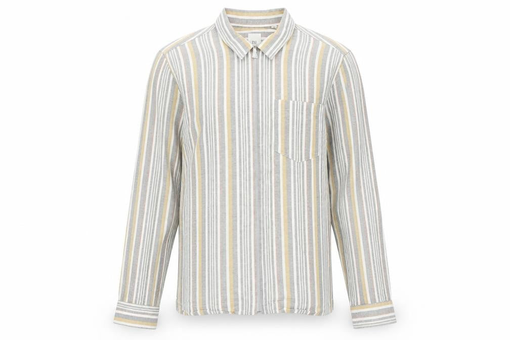 Front view of River Island men’s grey striped cotton button-up, size S, collared zip