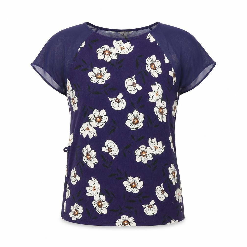 Front view of Papaya women’s blue floral viscose basic blouse, size UK 10, round neck