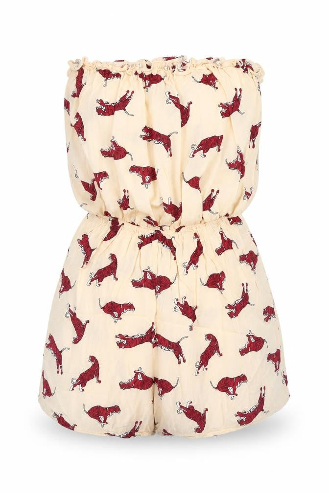 Front view of H&M women’s pink geometric viscose playsuit one-piece, size UK 4, pullover - tiger print