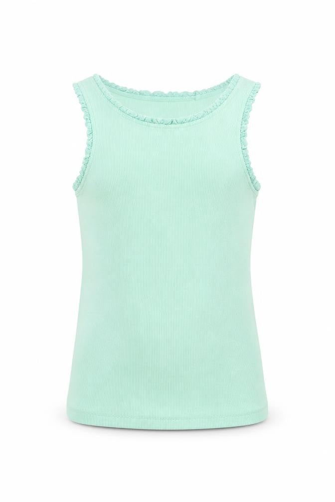Front view of Next girls’ green cotton basic tank, size 6, years round neck pullover