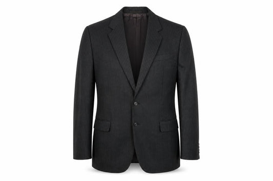 Front view of Marks & Spencer men’s grey striped polyester jacket suit jacket, size 46, regular