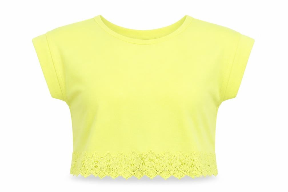 Front view of Young Dimension girls’ yellow polyester basic t-shirt, size 10-11, years round neck pullover
