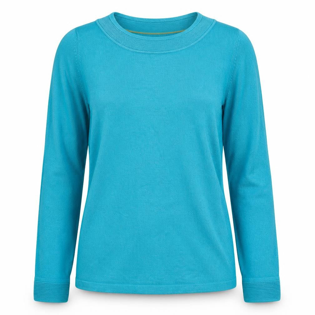 Front view of Bonmarché women’s blue round neck viscose jumper, size S