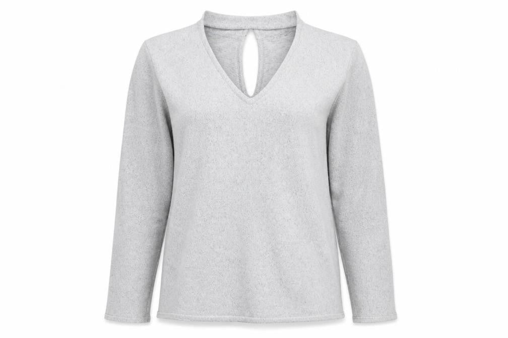 Front view of F&F women’s grey v-neck polyester jumper, size UK 14