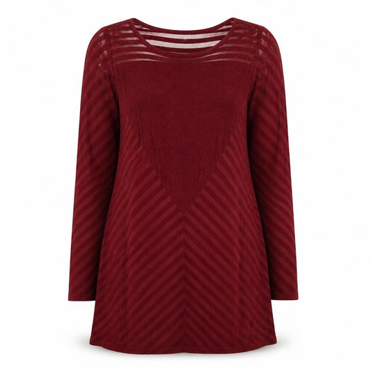 Front view of Per Una women’s red geometric viscose a-line, size UK 12, round neck pullover