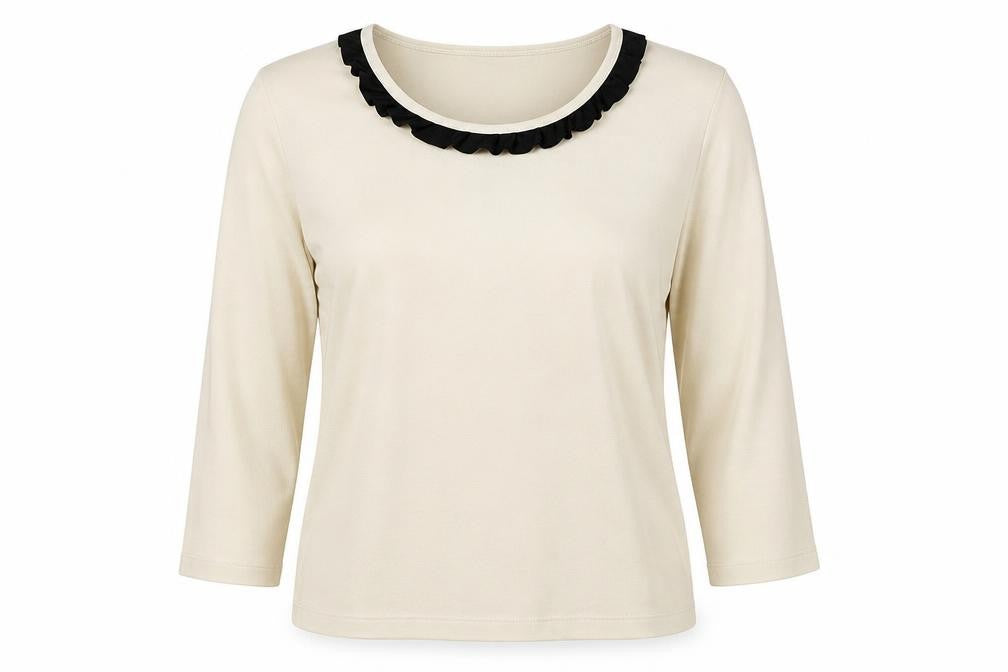 Front view of Poppy women’s beige polyester basic blouse, size UK 16, round neck