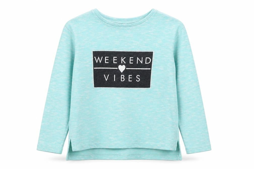 Front view of Young Dimension girls’ blue round neck geometric polyester jumper, size 7-8, years pullover - weekend vibes