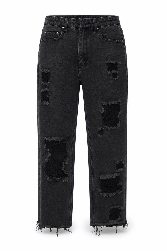 Front view of Missguided women’s black cotton straight jeans, size UK 8, regular zip