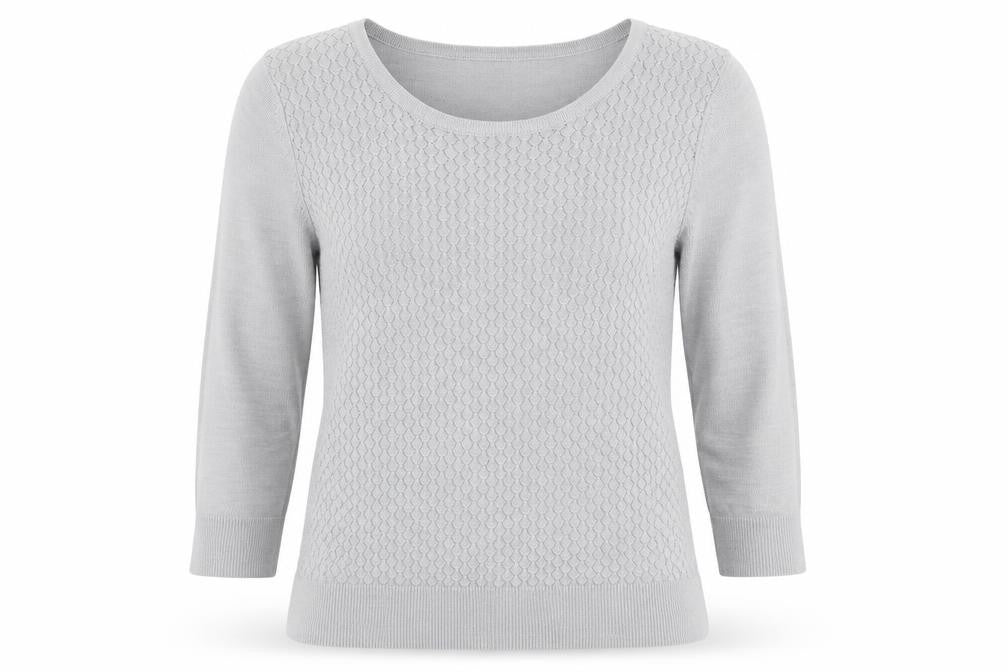 Front view of Marks & Spencer women’s grey round neck acrylic jumper, size UK 14